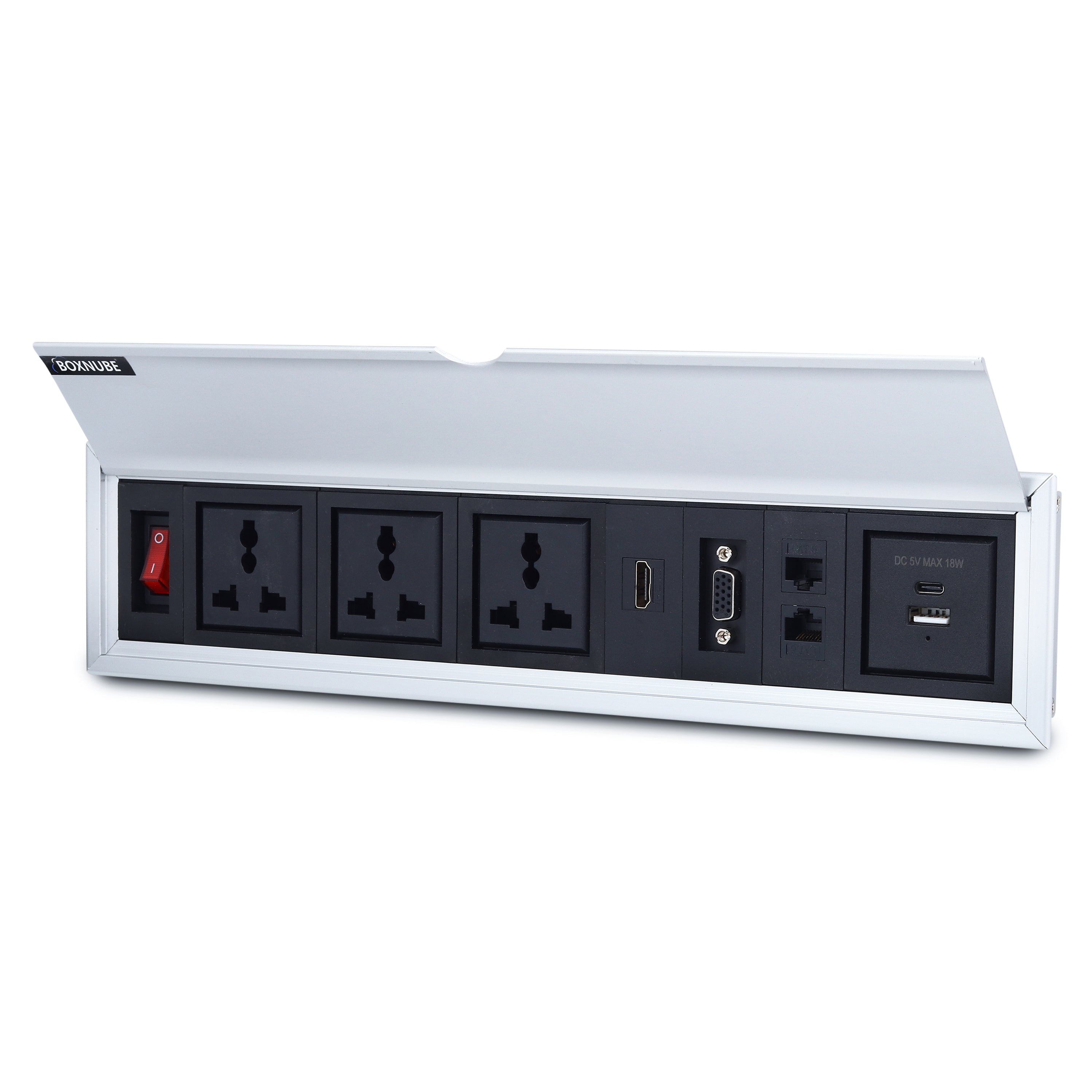 BOXNUBE Fliptop Box Cable Cubby Extension Board with On/Off Switch, Universal Power Sockets, LAN , HDMI , VGA , USB-A & USB-C Type C Ports BOXNUBE Fliptop Box Cable Cubby Extension Board with On/Off Switch, Universal Power Sockets, LAN , HDMI , VGA , USB-A & USB-C Type C Ports